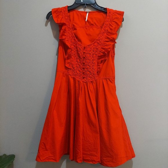 FREE PEOPLE Half Moon Red Orange Ruffle Lace Dress - Picture 3 of 9